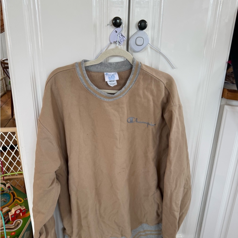 Champion Men's Crewneck Sweater in Tan and Gray